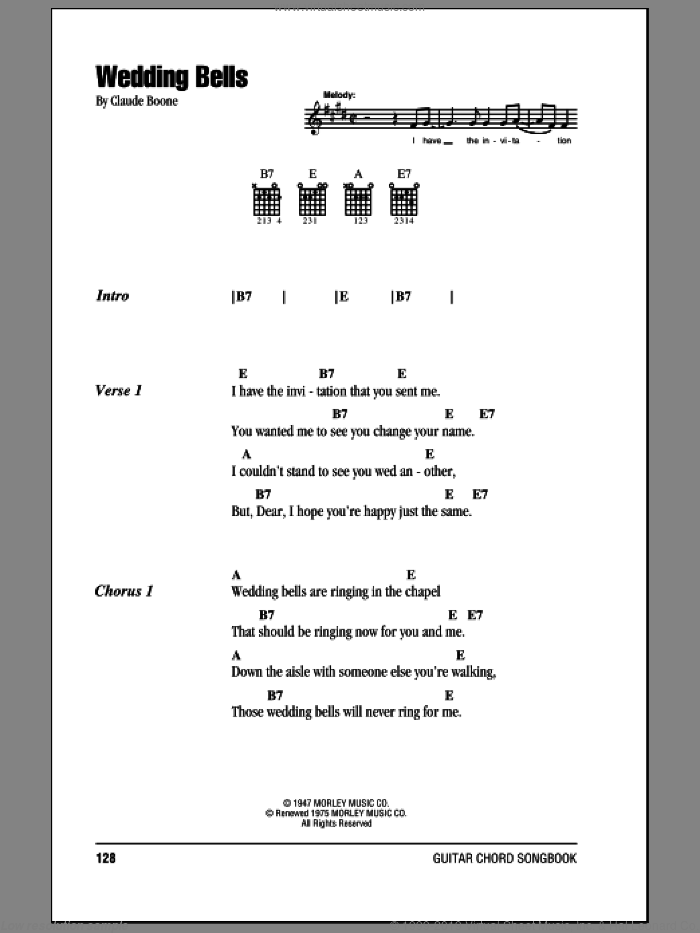 Wedding Bells sheet music for guitar (chords) by Hank Williams and Claude Boone, intermediate skill level