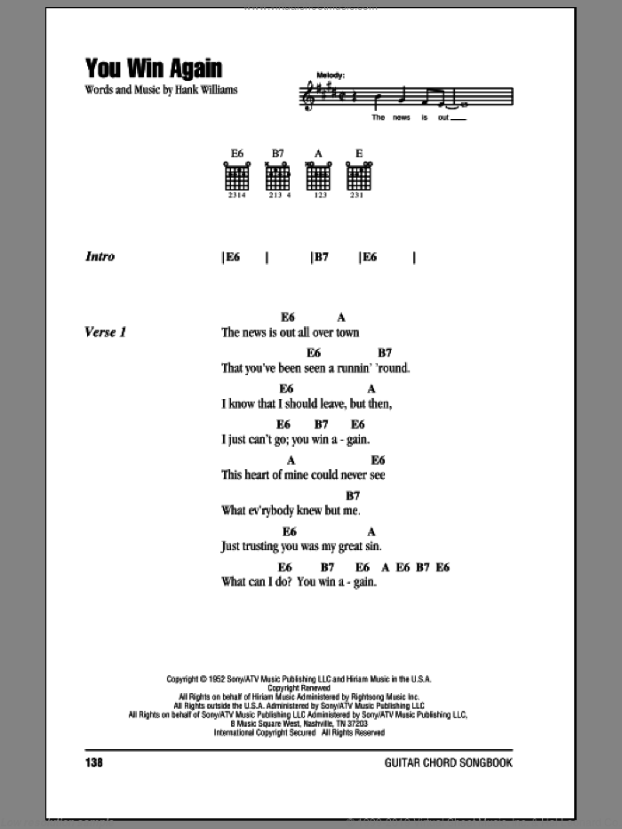 You Win Again sheet music for guitar (chords) by Hank Williams, intermediate skill level