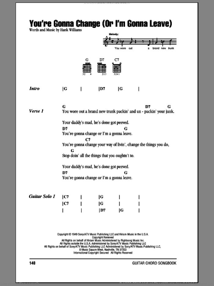 You're Gonna Change (Or I'm Gonna Leave) sheet music for guitar (chords) by Hank Williams, intermediate skill level