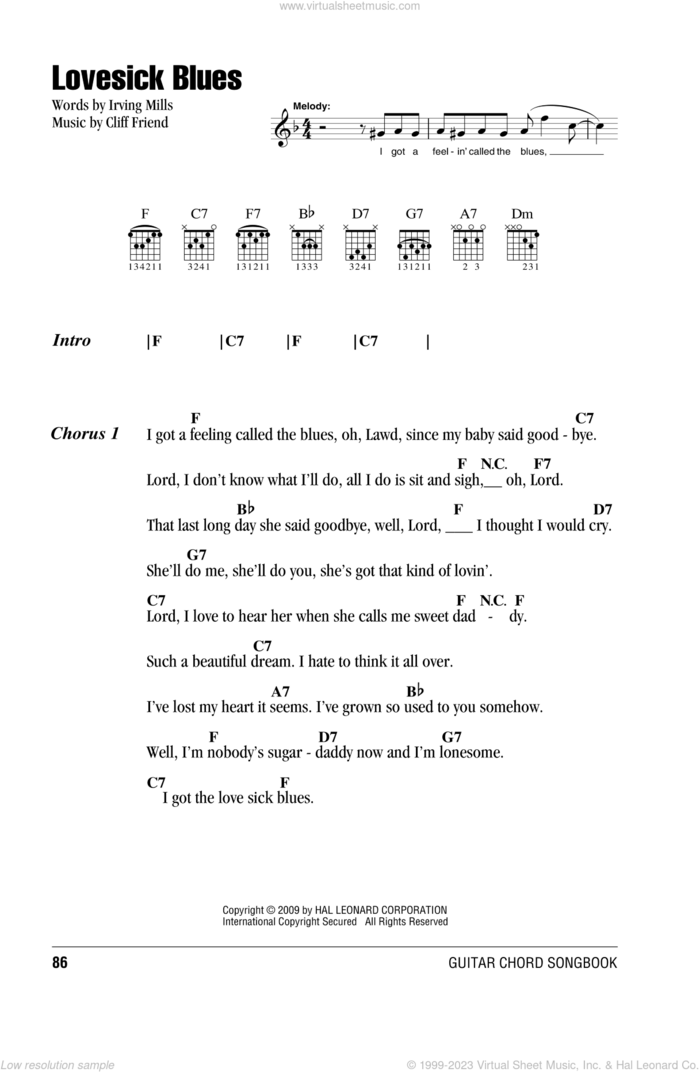 Lovesick Blues sheet music for guitar (chords) by Hank Williams, Cliff Friend and Irving Mills, intermediate skill level