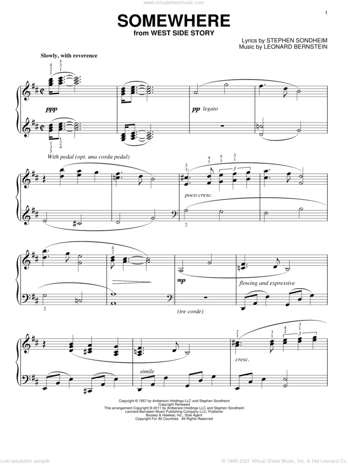 Somewhere (from West Side Story) sheet music for piano solo by Leonard Bernstein, West Side Story (Musical) and Stephen Sondheim, intermediate skill level