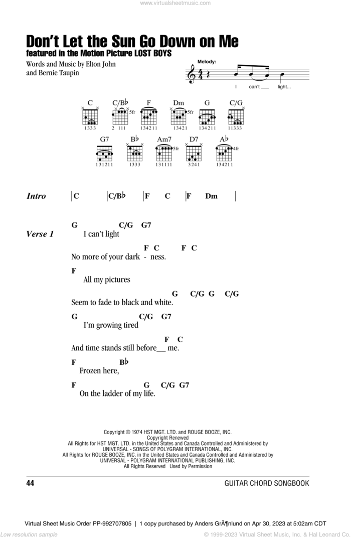 Don't Let The Sun Go Down On Me sheet music for guitar (chords) by Elton John and Bernie Taupin, intermediate skill level