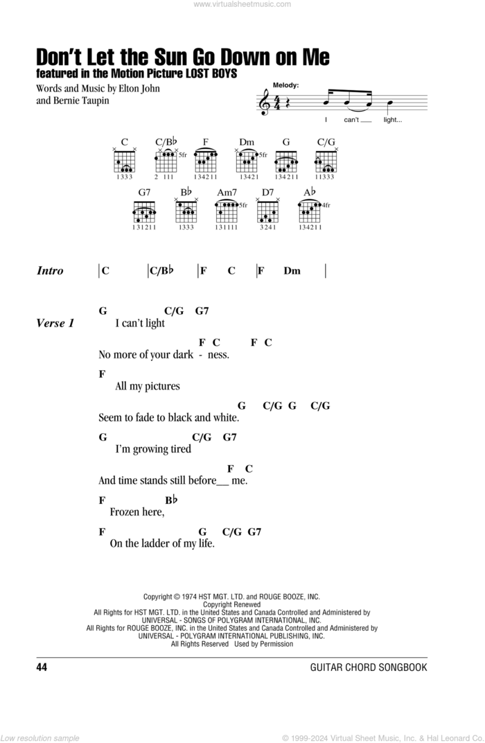 Don't Let The Sun Go Down On Me sheet music for guitar (chords) by Elton John and Bernie Taupin, intermediate skill level