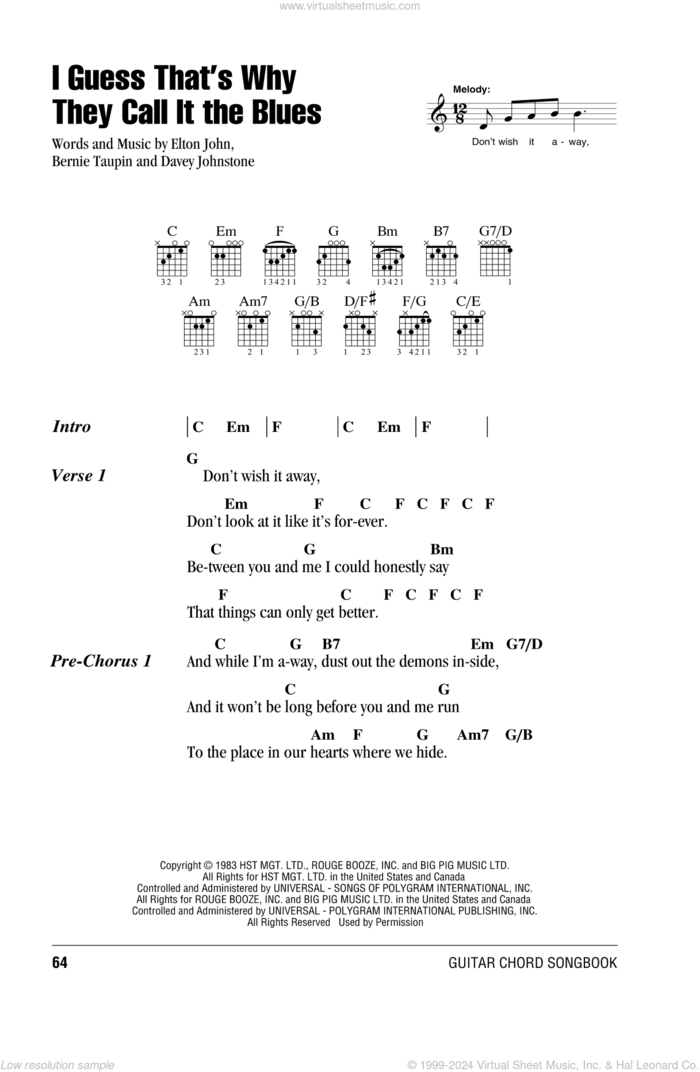 I Guess That's Why They Call It The Blues sheet music for guitar (chords) by Elton John, Bernie Taupin and Davey Johnstone, intermediate skill level