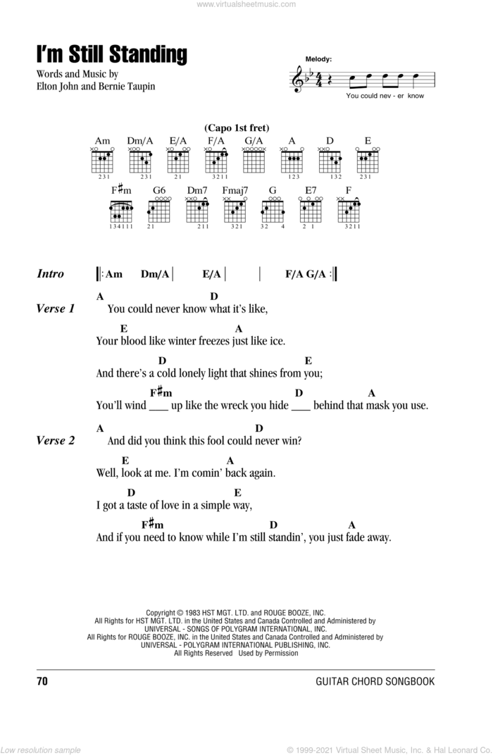 I'm Still Standing sheet music for guitar (chords) by Elton John and Bernie Taupin, intermediate skill level