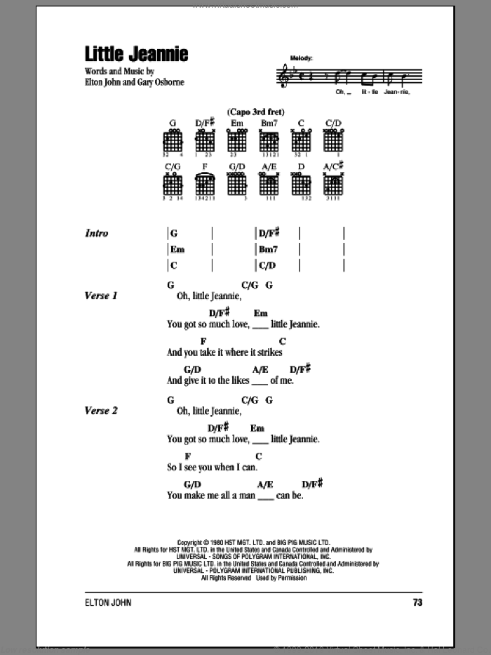 Little Jeannie sheet music for guitar (chords) by Elton John and Gary Osborne, intermediate skill level