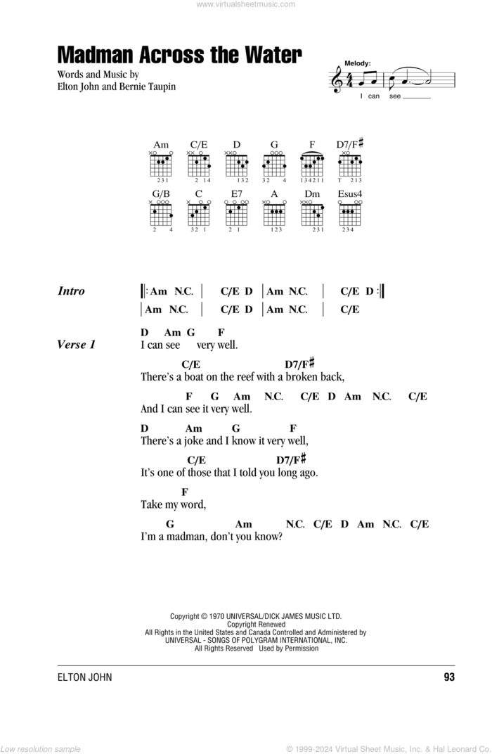 Madman Across The Water sheet music for guitar (chords) by Elton John and Bernie Taupin, intermediate skill level