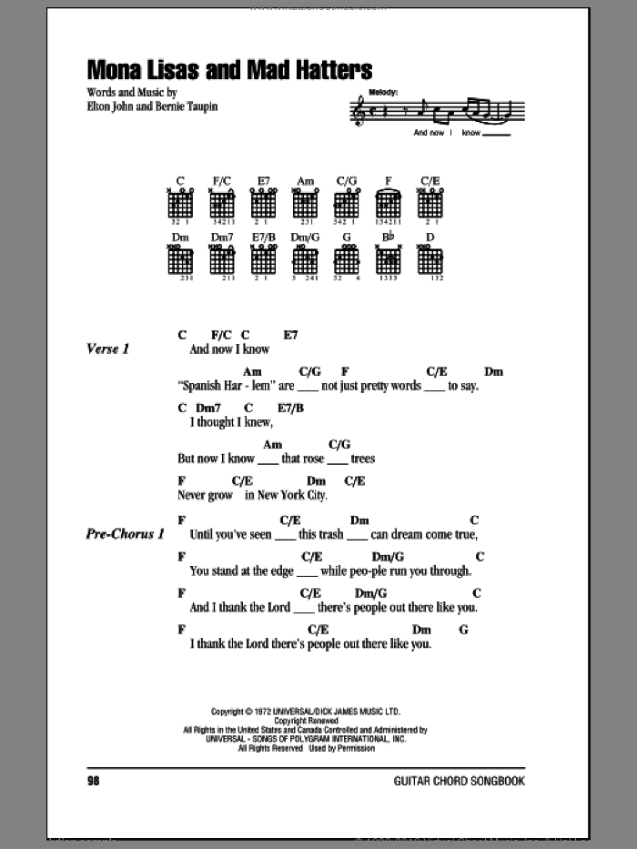 Mona Lisas And Mad Hatters sheet music for guitar (chords) by Elton John and Bernie Taupin, intermediate skill level