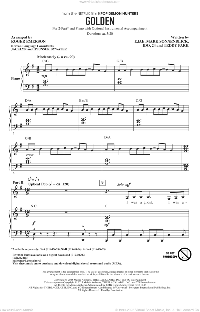 Golden (from KPop Demon Hunters) (arr. Roger Emerson) sheet music for choir (2-Part) by Huntr/x (Ejae, Audrey Nuna and Rei Ami), Roger Emerson, 24, Ido, Kim Eun-jae (aka EJAE), Mark Sonnenblick and Park Hong-Jun (Aka Teddy Park), intermediate duet