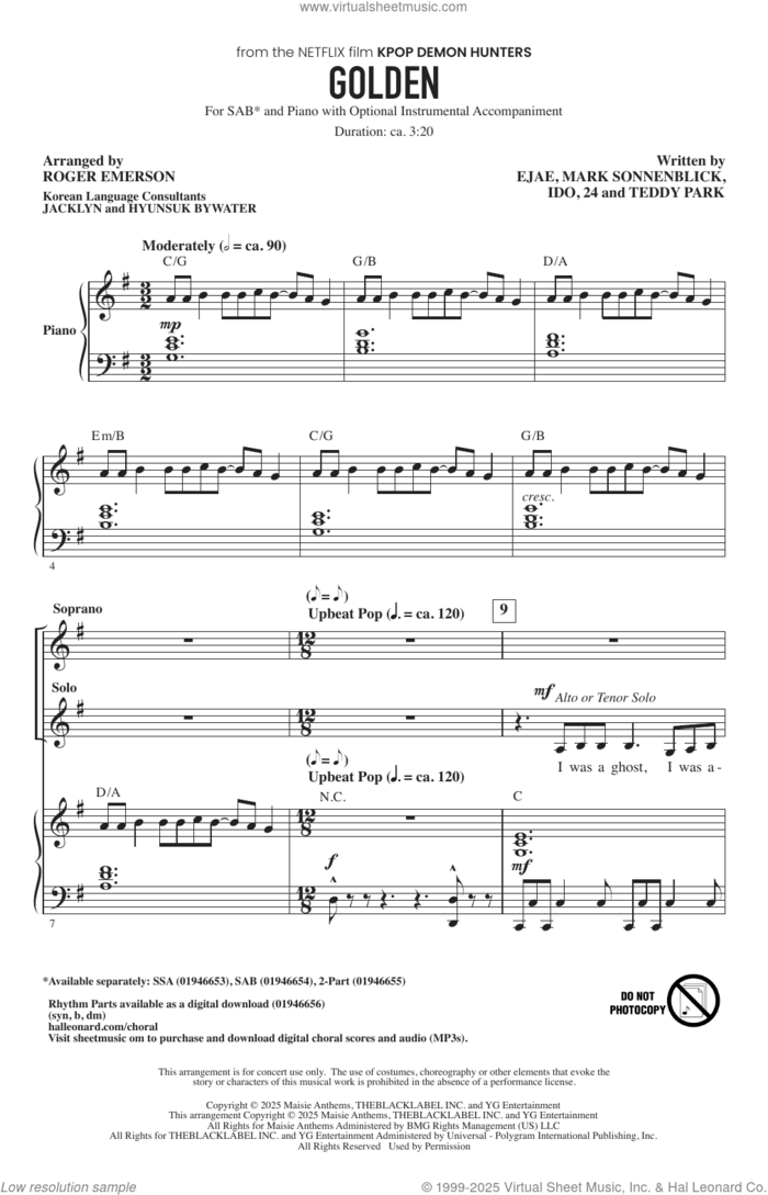 Golden (from KPop Demon Hunters) (arr. Roger Emerson) sheet music for choir (SAB: soprano, alto, bass) by Huntr/x (Ejae, Audrey Nuna and Rei Ami), Roger Emerson, 24, Ido, Kim Eun-jae (aka EJAE), Mark Sonnenblick and Park Hong-Jun (Aka Teddy Park), intermediate skill level
