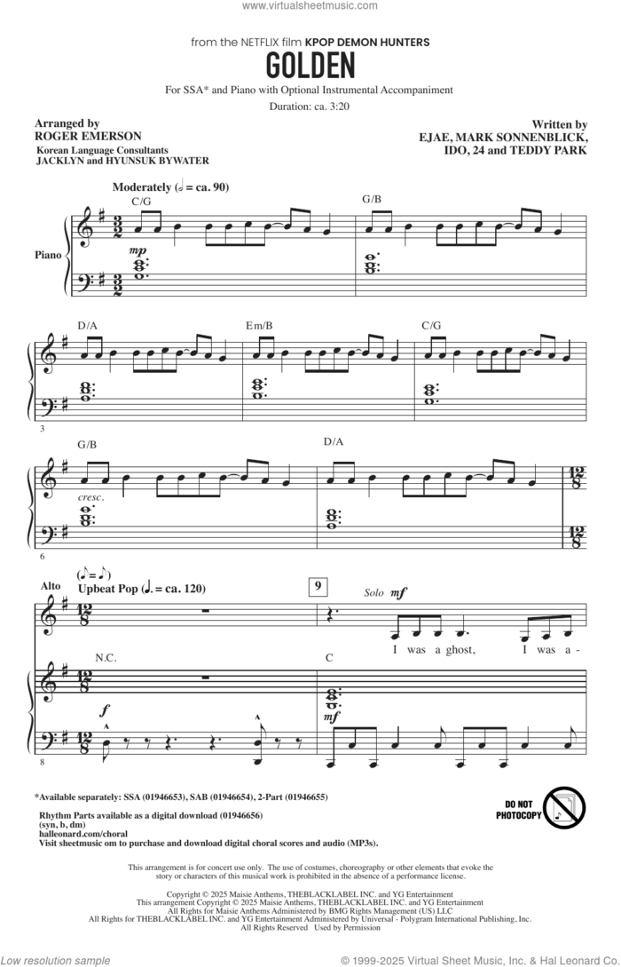 Golden (from KPop Demon Hunters) (arr. Roger Emerson) sheet music for choir (SSA: soprano, alto) by Huntr/x (Ejae, Audrey Nuna and Rei Ami), Roger Emerson, 24, Ido, Kim Eun-jae (aka EJAE), Mark Sonnenblick and Park Hong-Jun (Aka Teddy Park), intermediate skill level