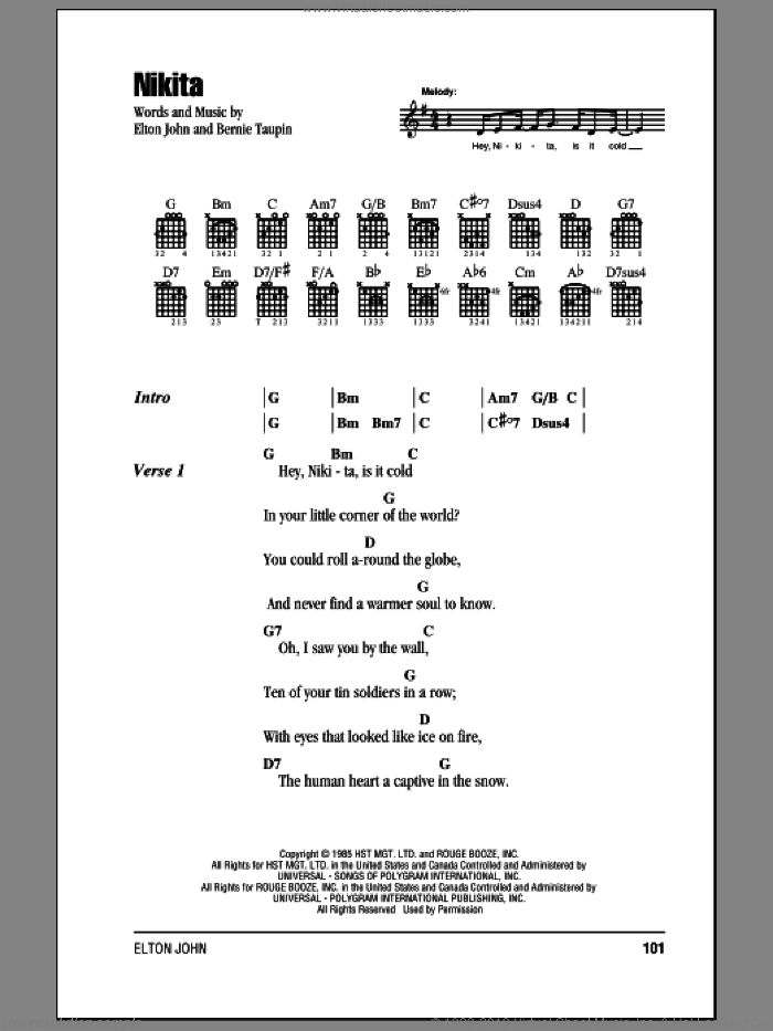 Nikita sheet music for guitar (chords) by Elton John and Bernie Taupin, intermediate skill level