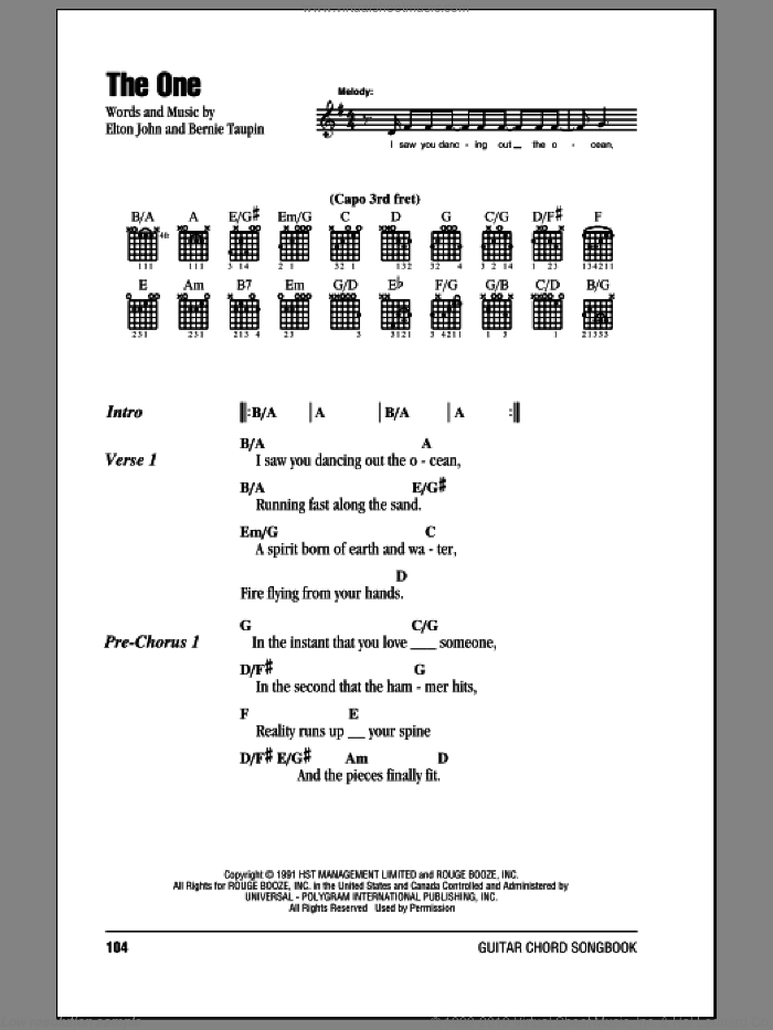 The One sheet music for guitar (chords) by Elton John and Bernie Taupin, intermediate skill level
