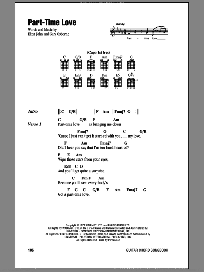Part-Time Love sheet music for guitar (chords) by Elton John and Gary Osborne, intermediate skill level