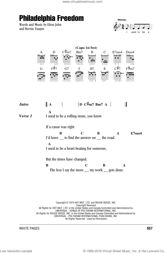 Philadelphia Freedom sheet music for guitar (chords) by Elton John and Bernie Taupin, intermediate skill level