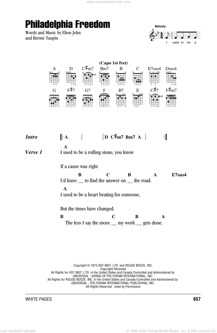 Philadelphia Freedom sheet music for guitar (chords) by Elton John and Bernie Taupin, intermediate skill level