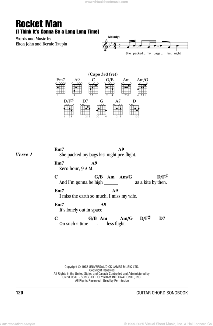 Rocket Man (I Think It's Gonna Be A Long Long Time) sheet music for guitar (chords) by Elton John and Bernie Taupin, intermediate skill level