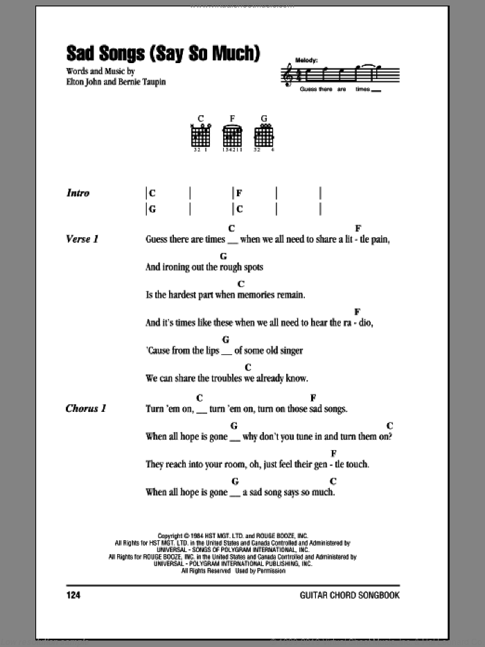 Sad Songs (Say So Much) sheet music for guitar (chords) by Elton John and Bernie Taupin, intermediate skill level