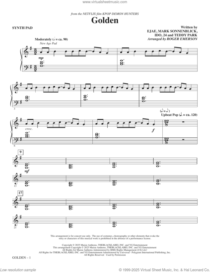 Golden (from KPop Demon Hunters) (arr. Roger Emerson) (complete set of parts) sheet music for orchestra/band (Rhythm) by Roger Emerson, 24, Huntr/x (Ejae, Audrey Nuna and Rei Ami), Ido, Kim Eun-jae (aka EJAE), Mark Sonnenblick and Park Hong-Jun (Aka Teddy Park), intermediate skill level