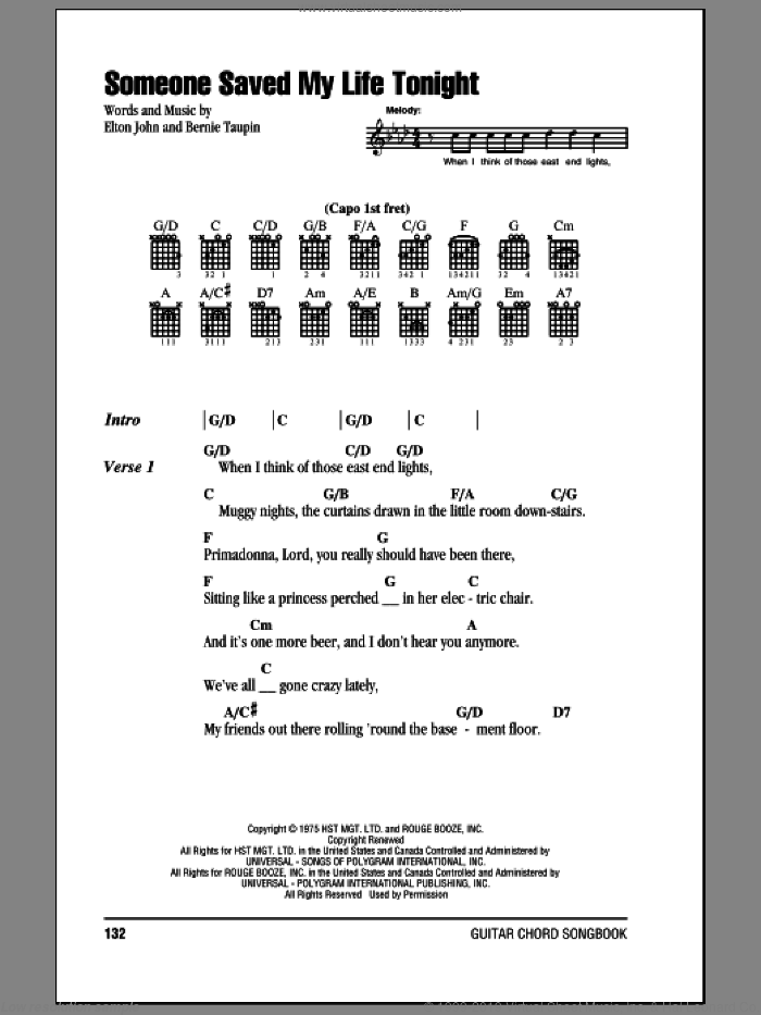 Someone Saved My Life Tonight sheet music for guitar (chords) by Elton John and Bernie Taupin, intermediate skill level