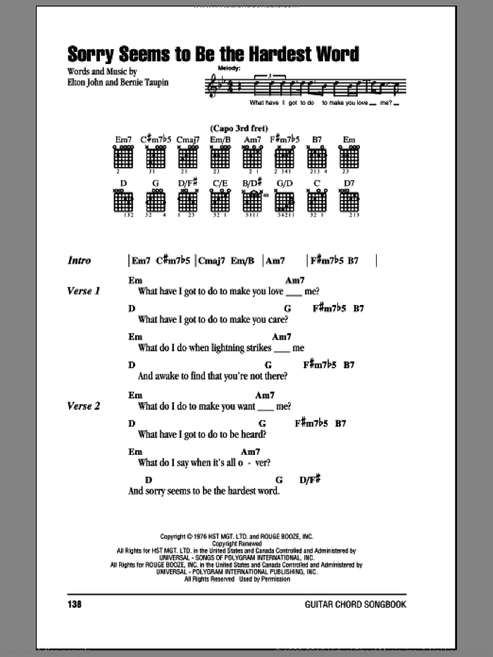 Sorry Seems To Be The Hardest Word sheet music for guitar (chords) by Elton John and Bernie Taupin, intermediate skill level