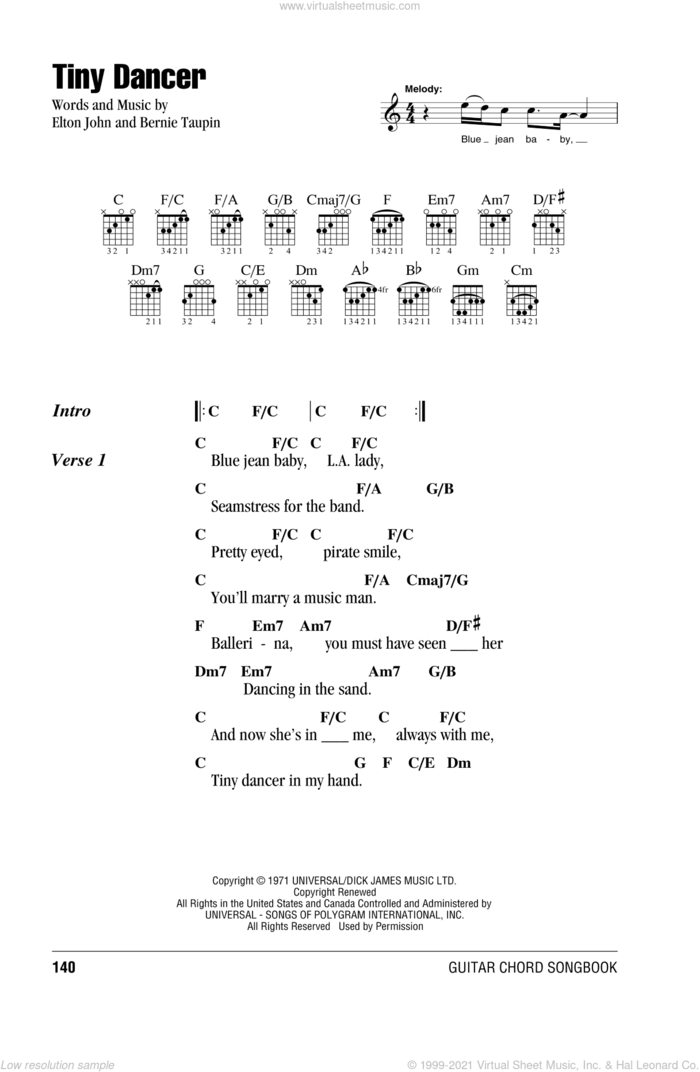 Tiny Dancer sheet music for guitar (chords) by Elton John and Bernie Taupin, intermediate skill level