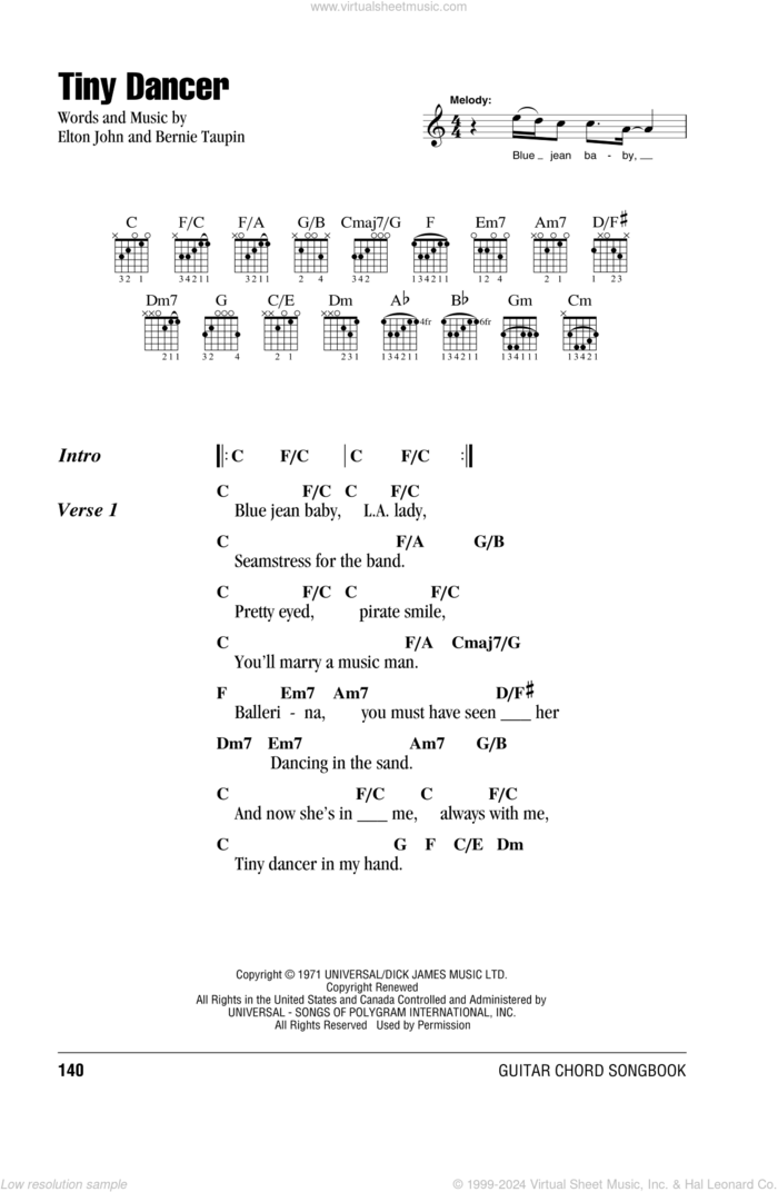 Tiny Dancer sheet music for guitar (chords) by Elton John and Bernie Taupin, intermediate skill level