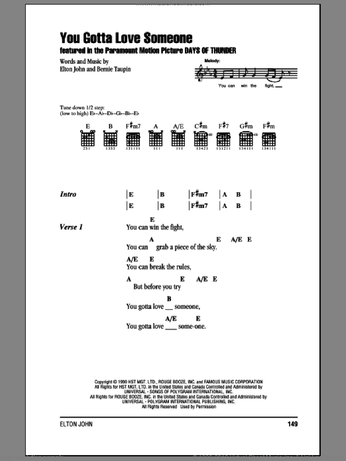 You Gotta Love Someone sheet music for guitar (chords) by Elton John and Bernie Taupin, intermediate skill level