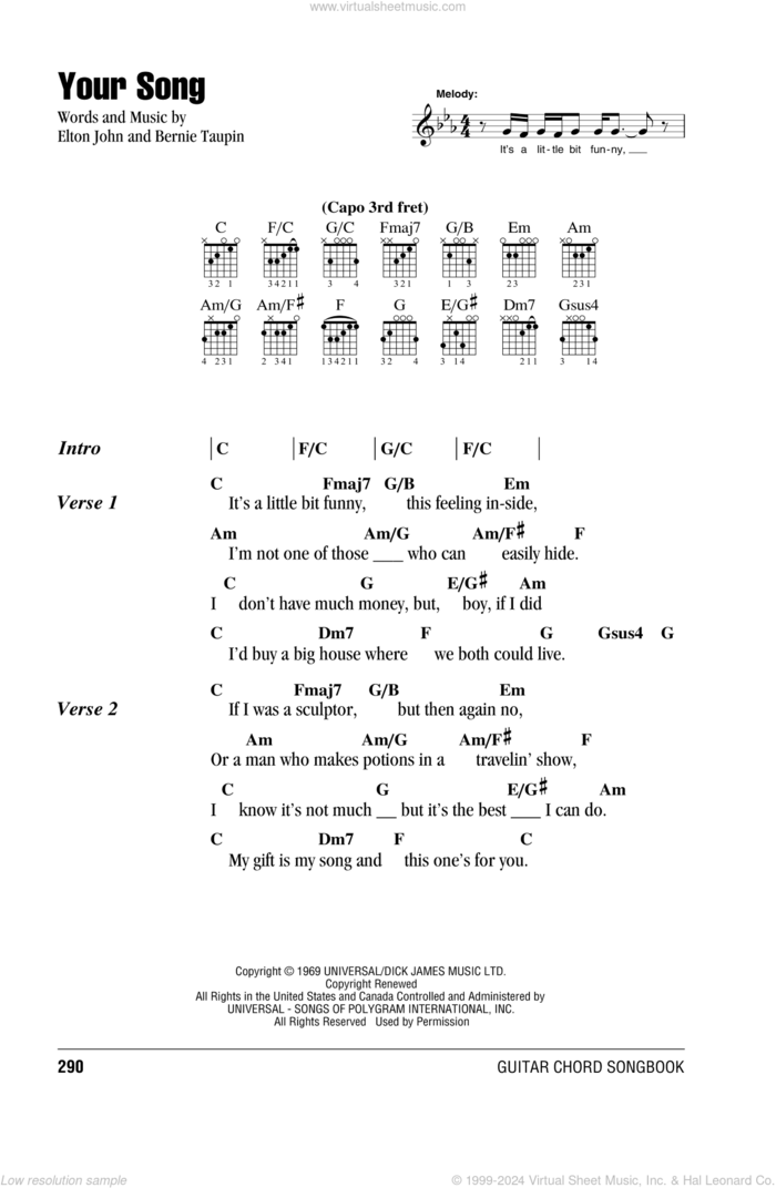 Your Song sheet music for guitar (chords) by Elton John and Bernie Taupin, intermediate skill level