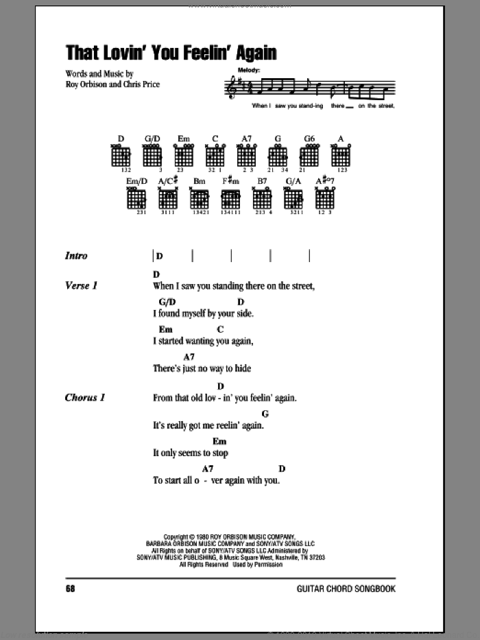 That Lovin' You Feelin' Again sheet music for guitar (chords) by Roy Orbison and Chris Price, intermediate skill level