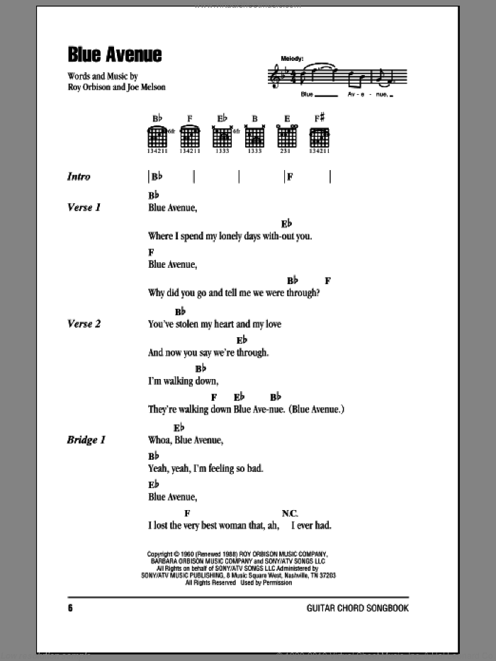 Blue Avenue sheet music for guitar (chords) by Roy Orbison and Joe Melson, intermediate skill level