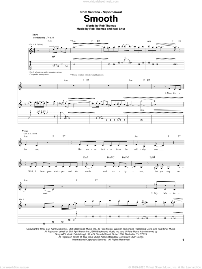 Smooth sheet music for guitar (tablature) by Santana featuring Rob Thomas, Carlos Santana, Itaal Shur and Rob Thomas, intermediate skill level