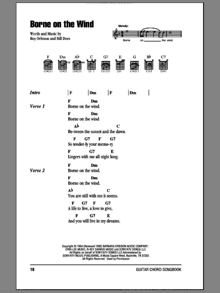 Borne On The Wind sheet music for guitar (chords) by Roy Orbison and Bill Dees, intermediate skill level