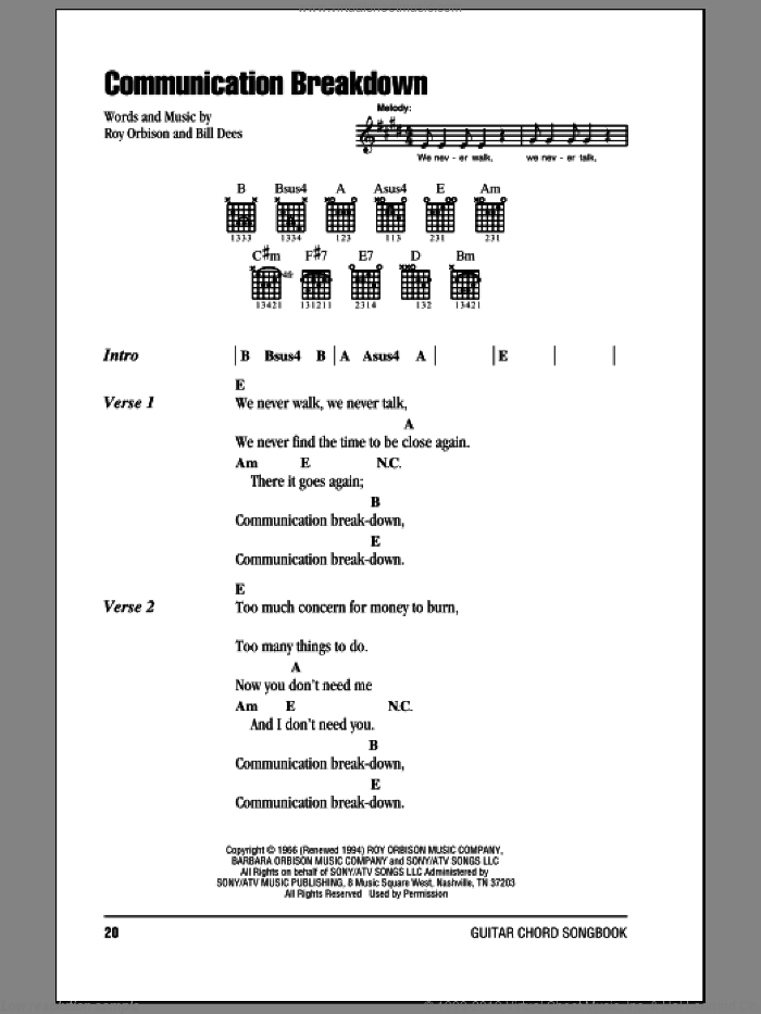 Communication Breakdown sheet music for guitar (chords) by Roy Orbison and Bill Dees, intermediate skill level
