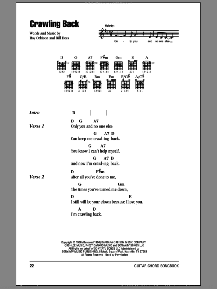 Crawling Back sheet music for guitar (chords) by Roy Orbison and Bill Dees, intermediate skill level