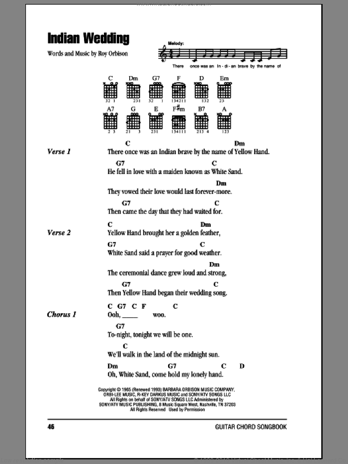Indian Wedding sheet music for guitar (chords) by Roy Orbison, intermediate skill level
