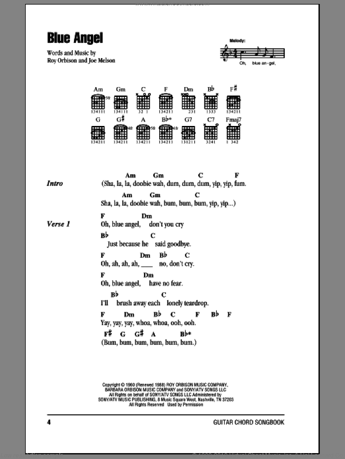 Blue Angel sheet music for guitar (chords) by Roy Orbison and Joe Melson, intermediate skill level