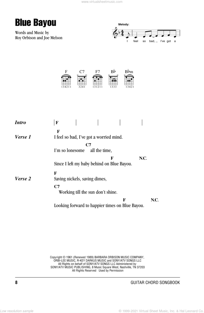 Blue Bayou sheet music for guitar (chords) by Roy Orbison and Joe Melson, intermediate skill level