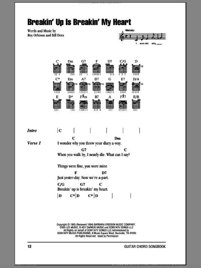 Breakin' Up Is Breakin' My Heart sheet music for guitar (chords) by Roy Orbison and Bill Dees, intermediate skill level