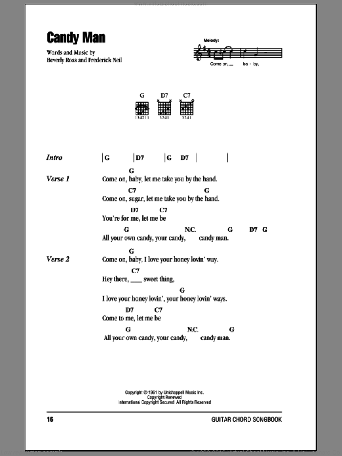 Candy Man sheet music for guitar (chords) by Roy Orbison, Beverly Ross and Fred Neil, intermediate skill level