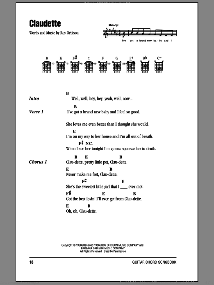 Claudette sheet music for guitar (chords) by Roy Orbison, intermediate skill level