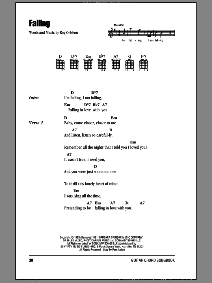 Falling sheet music for guitar (chords) by Roy Orbison, intermediate skill level