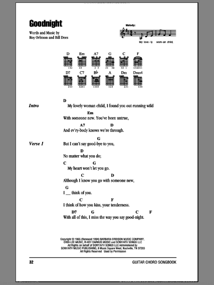 Goodnight sheet music for guitar (chords) by Roy Orbison and Bill Dees, intermediate skill level