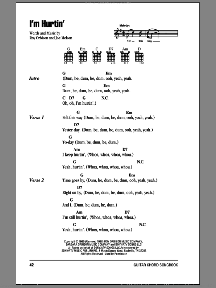 I'm Hurtin' sheet music for guitar (chords) by Roy Orbison and Joe Melson, intermediate skill level