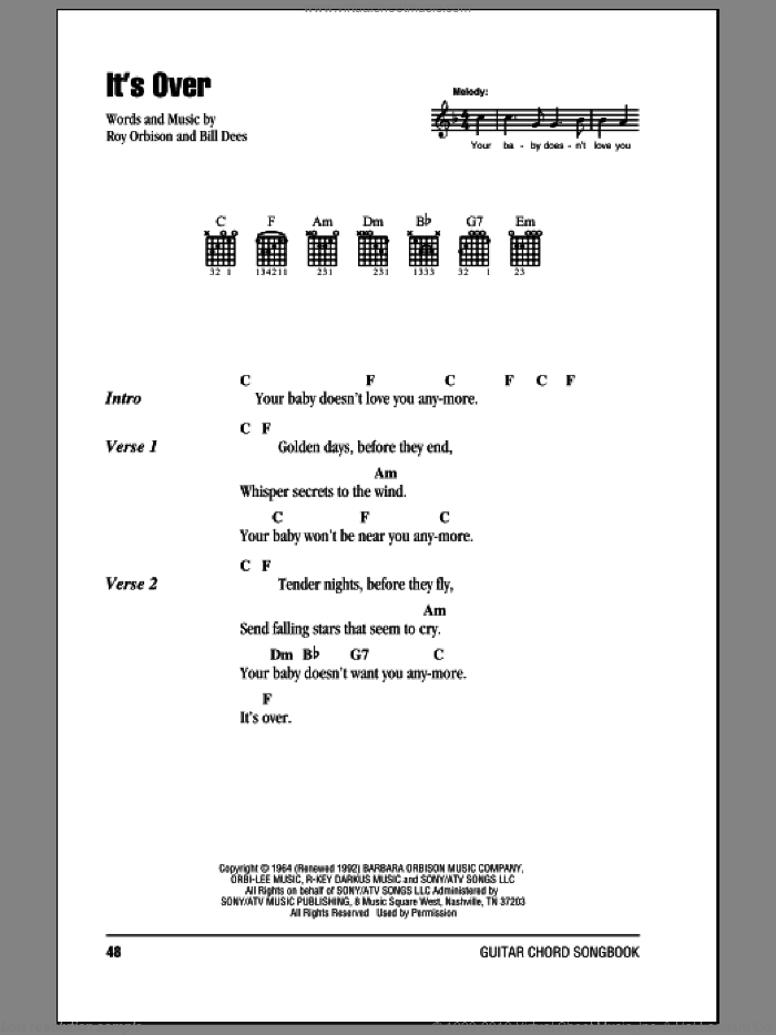 It's Over sheet music for guitar (chords) by Roy Orbison and Bill Dees, intermediate skill level
