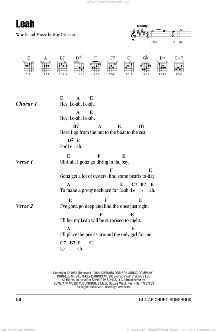 Leah sheet music for guitar (chords) by Roy Orbison, intermediate skill level