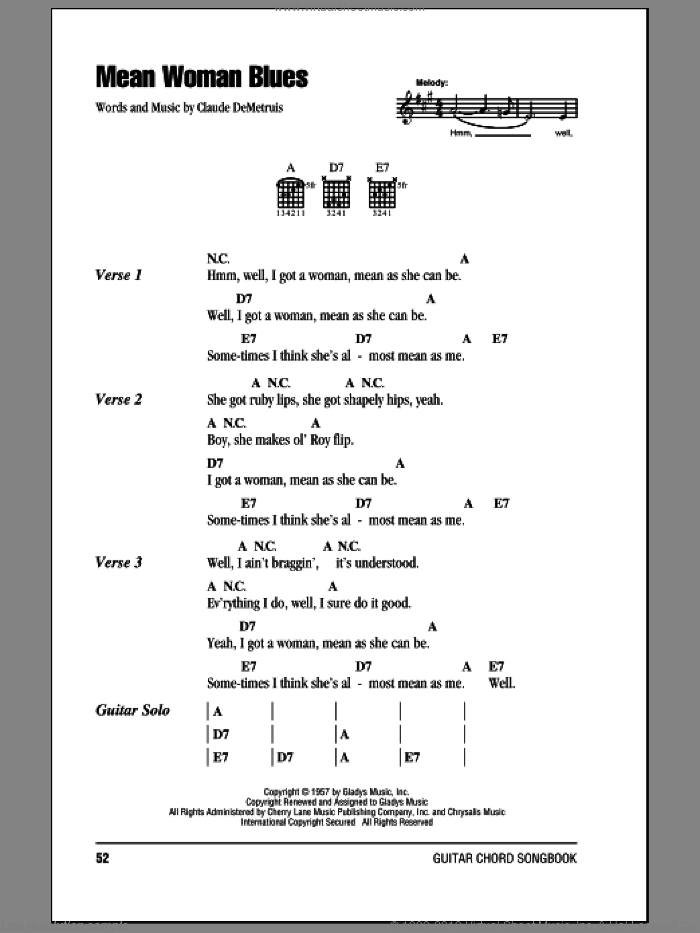 Mean Woman Blues sheet music for guitar (chords) by Roy Orbison, Elvis Presley and Claude DeMetruis, intermediate skill level