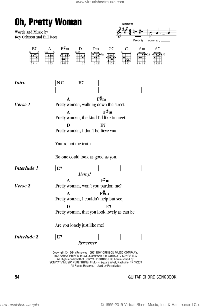 Oh, Pretty Woman sheet music for guitar (chords) by Roy Orbison and Bill Dees, intermediate skill level