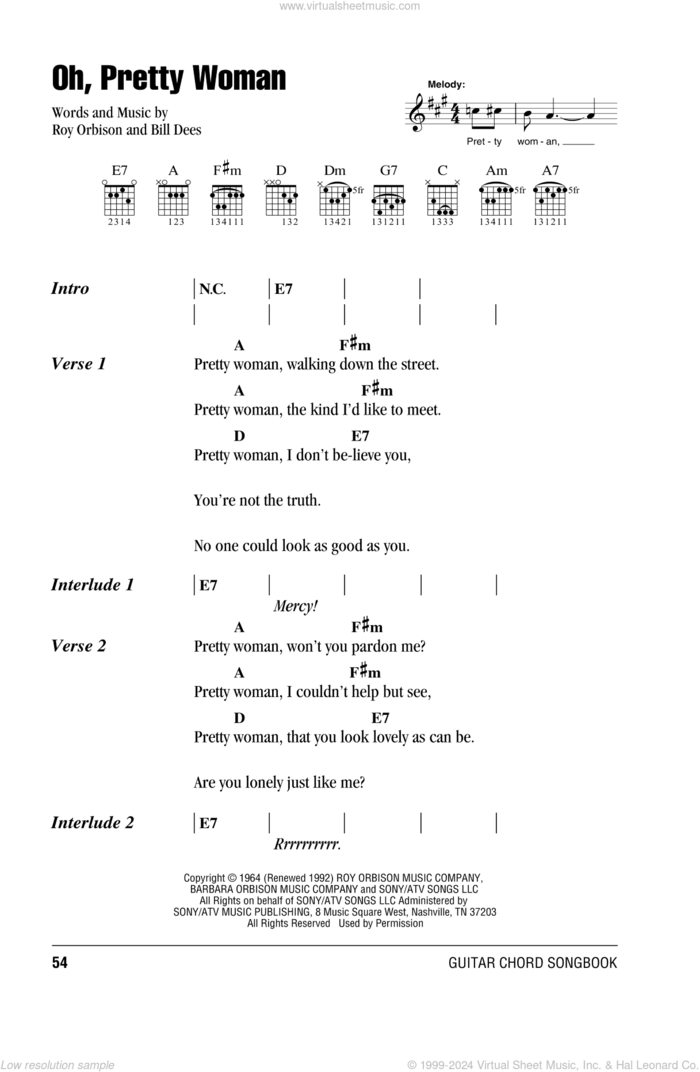 Oh, Pretty Woman sheet music for guitar (chords) by Roy Orbison and Bill Dees, intermediate skill level