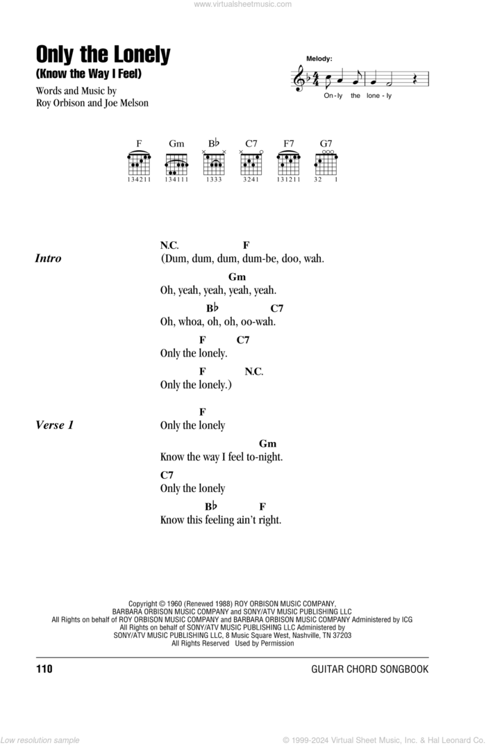 Only The Lonely (Know The Way I Feel) sheet music for guitar (chords) by Roy Orbison and Joe Melson, intermediate skill level